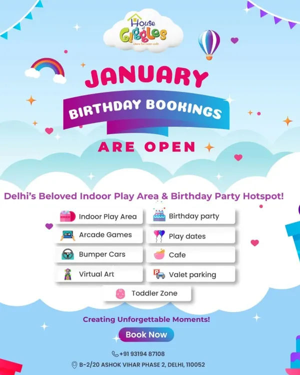January birthday bookings are open! This graphic lists all the amazing features I offer, including the indoor play area, arcade, bumper cars, cafe, and toddler zone. Book now to create your unforgettable moments.