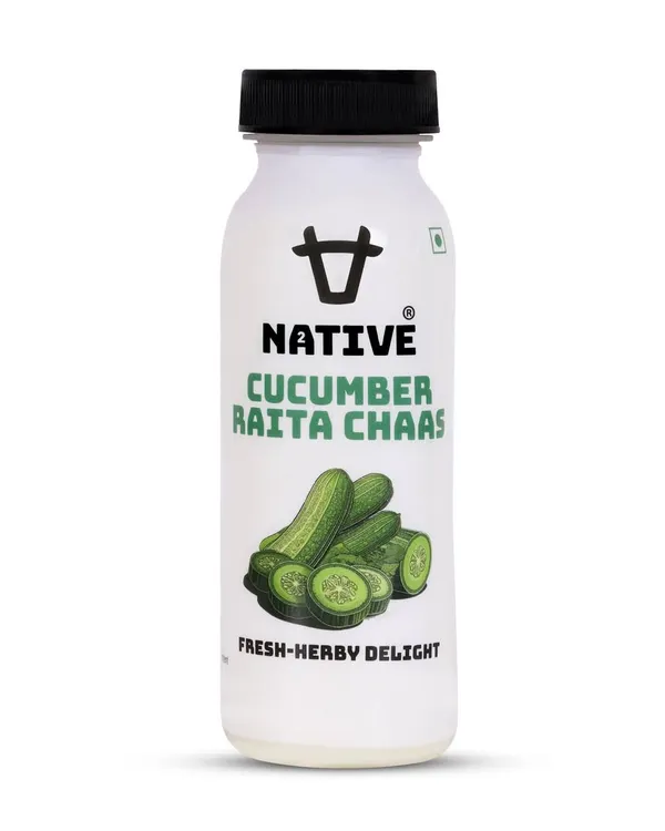 A crisp, clear shot of a cucumber raita chaas bottle on a pure white background, perfectly lit to show the label details without any distractions.