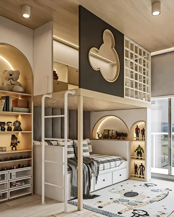 We love creating imaginative and practical spaces for children. This loft bed design maximizes a small room by combining a sleeping area, a play space underneath, and extensive built-in storage, including arched display nooks and drawers, all personalized with a fun theme.