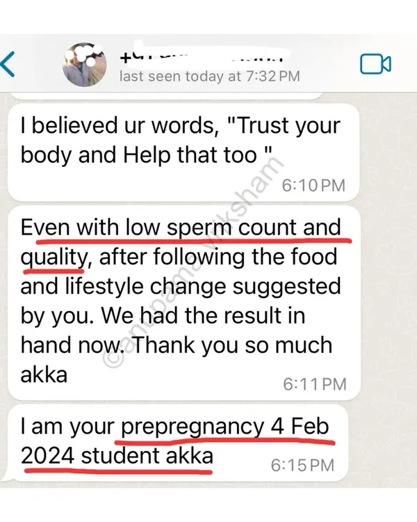 This message from a student confirms that even with low sperm count and quality, the food and lifestyle changes I suggested helped them get a positive result. Teamwork makes the dream work.
