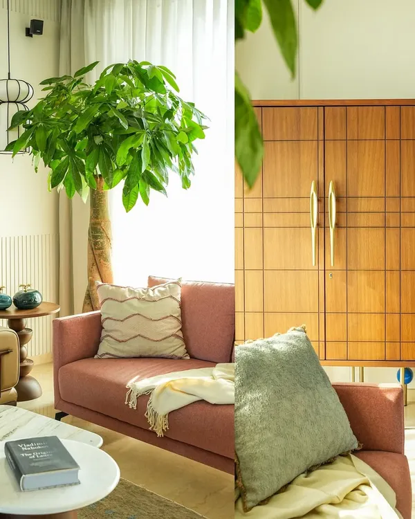 I used a diptych format here to capture the warm and inviting atmosphere of this living room designed by Studio El Sol. On the left, you see the overall space with its natural light and greenery, while the right side focuses on the details of the custom wooden cabinetry, showing my eye for both the big picture and the small details in residential photography.