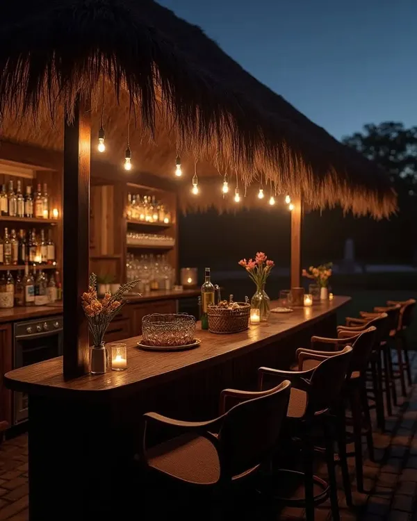 A rustic, tiki-style bar I set up for a resort event. The warm lighting and wooden finish create a relaxed, inviting atmosphere for guests to enjoy their drinks.