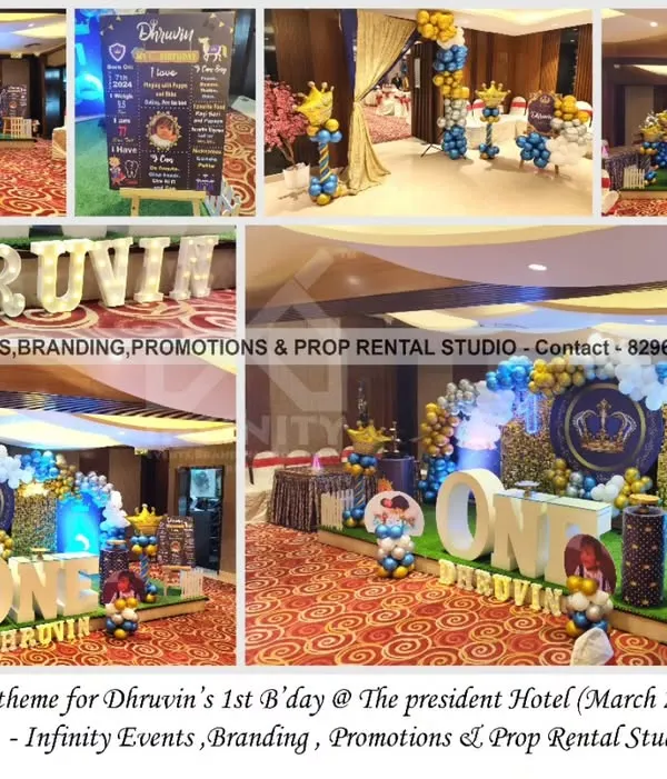 A glimpse into our Royal Prince theme, where we transform venues like The President Hotel into a majestic kingdom. This setup features a stunning gold sequin backdrop, a custom "ONE" table, and a regal blue and gold balloon garland, creating a truly grand celebration for a first birthday.