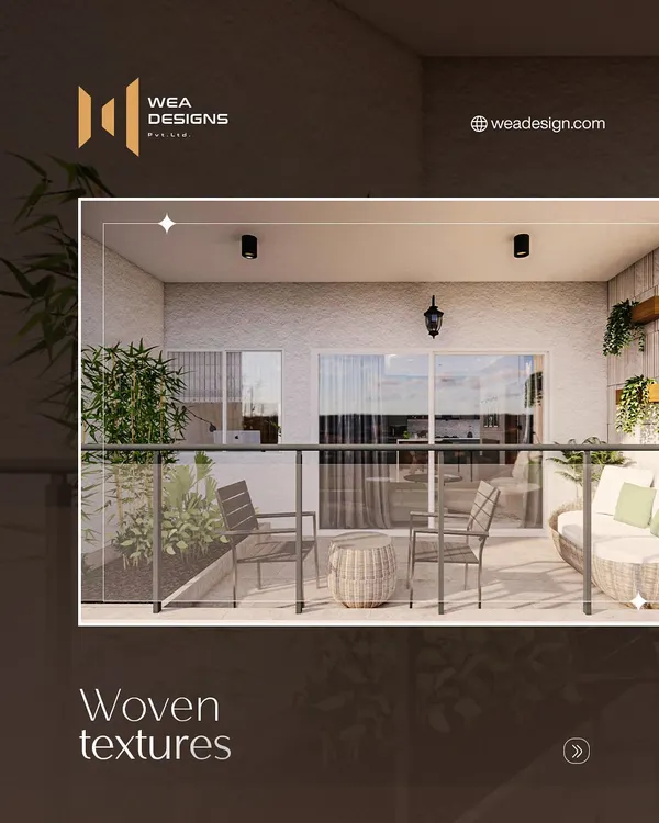 A beautifully crafted balcony corner with woven textures and comfortable seating, designed for stillness and relaxation.