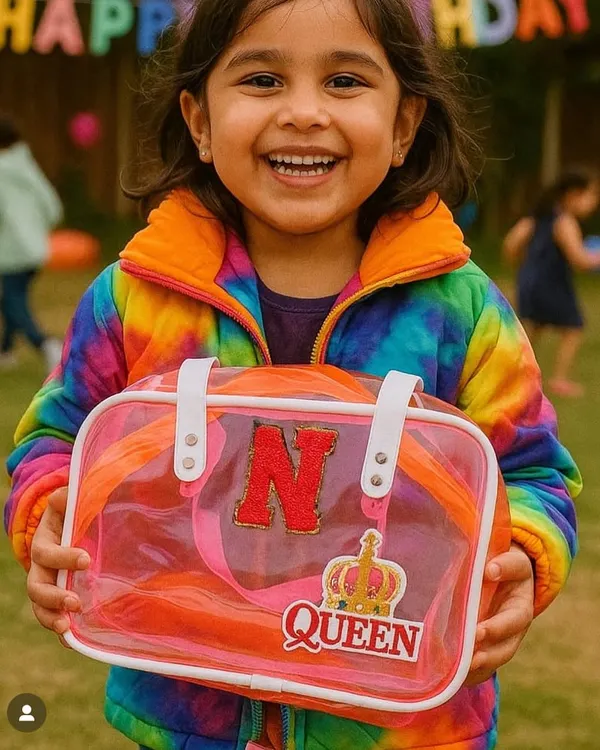 A joyful young girl in a rainbow jacket proudly holding her custom pink and orange jelly bag with the initial 'N' and a 'QUEEN' patch. This image captures the pure happiness our personalized gifts bring to any party.