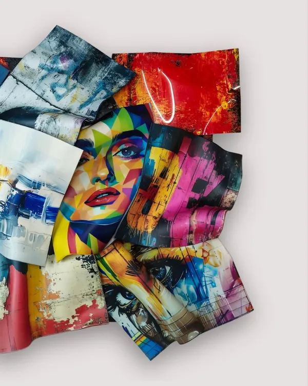 "Marilyn in Bloom," a 50" x 38" polycarbonate and aluminum installation. This pop art sculpture fuses iconic imagery of Marilyn Monroe with abstract textures, celebrating her bold spirit through layered, flowing prints.