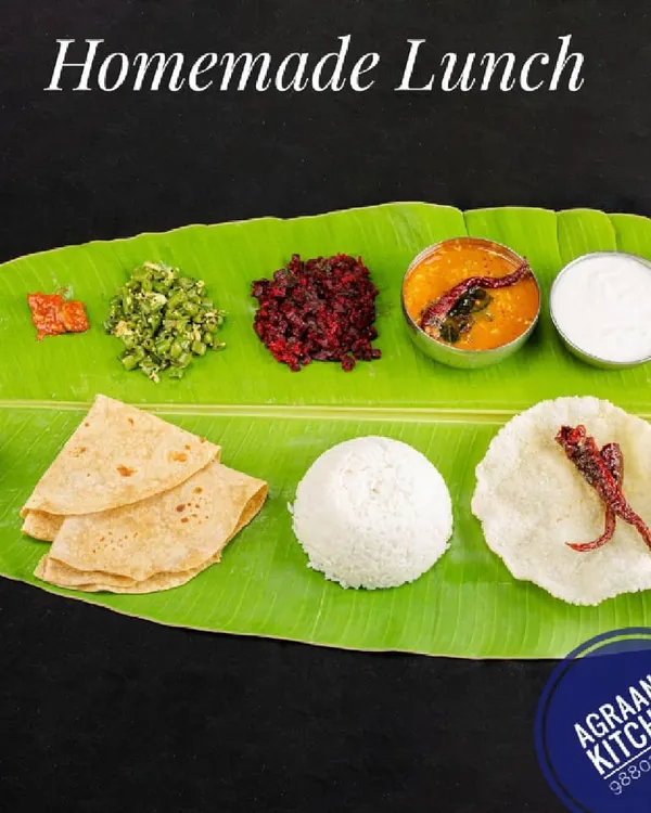 This is the kind of wholesome, homemade Brahmin-style meal I love to prepare. Served on a traditional banana leaf, it includes chapati, rice, dal, two types of vegetable palya, pickle, and a sweet, offering a complete and satisfying lunch experience.