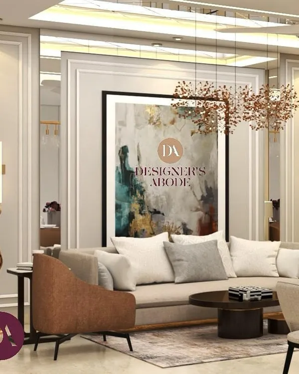 This living room design is all about creating an elegant and classy atmosphere. I used bespoke wall treatments and a large abstract art piece to create a focal point. The space is furnished with custom pieces, including a unique center table and a sculptural art installation, to enhance the room's grandeur.
