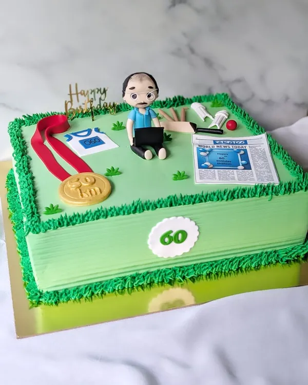 This cake honors the career and passions of a retiring newspaper editor. It combines elements of his work, like an edible newspaper, with his hobbies, including marathon running and cricket, creating a complete story of his life at 60.