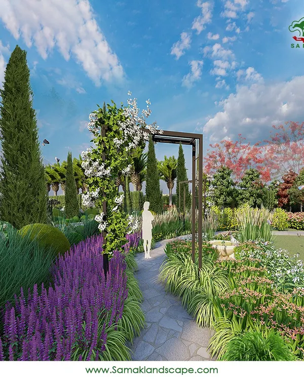 A winding stone pathway guides you through a vibrant perennial garden. The path is flanked by lush plantings of lavender and other flowering species, leading towards an elegant archway, inviting exploration and creating a sense of journey.