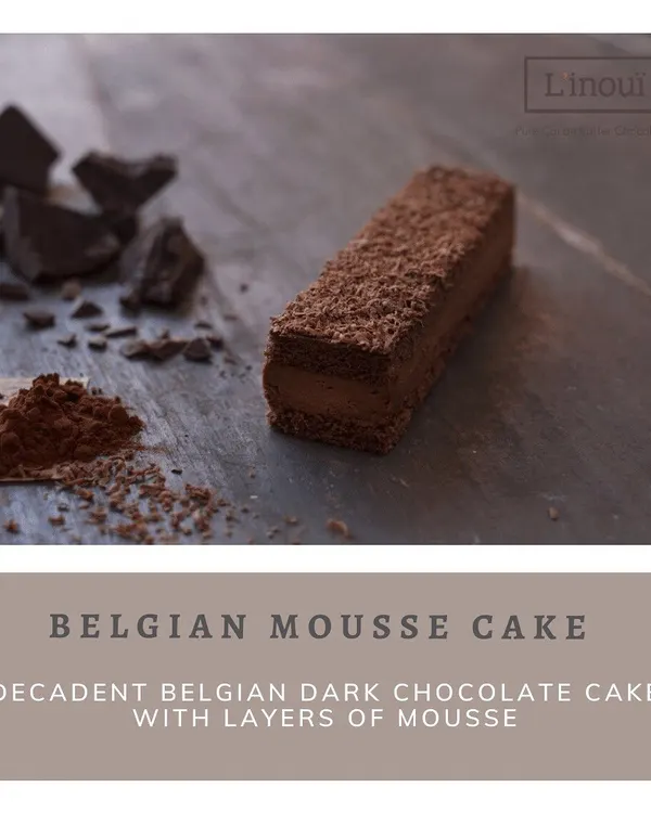 Our decadent Belgian Mousse Cake, featuring layers of rich dark chocolate cake and light, airy mousse. It's the best of both worlds, whipped together for a truly indulgent dessert.