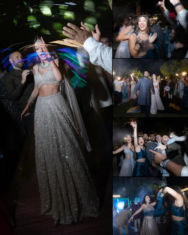 A dynamic collage from Uday and Samara's reception, capturing the bride dancing with light trails, guests enjoying the party, and the overall vibrant energy of the night.