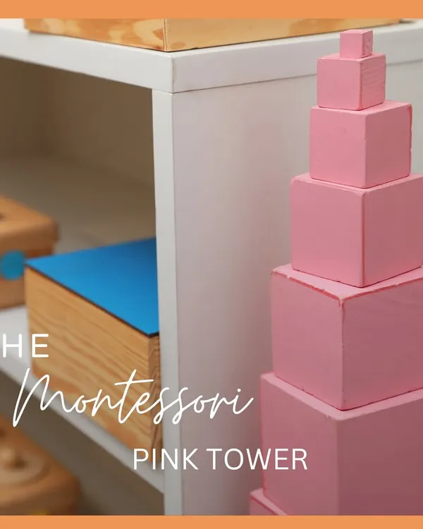 This is the Pink Tower, one of the most recognizable Montessori sensorial materials. By stacking the ten pink cubes, a child develops visual discrimination of size in three dimensions, refines voluntary movement, and builds a foundation for mathematics.