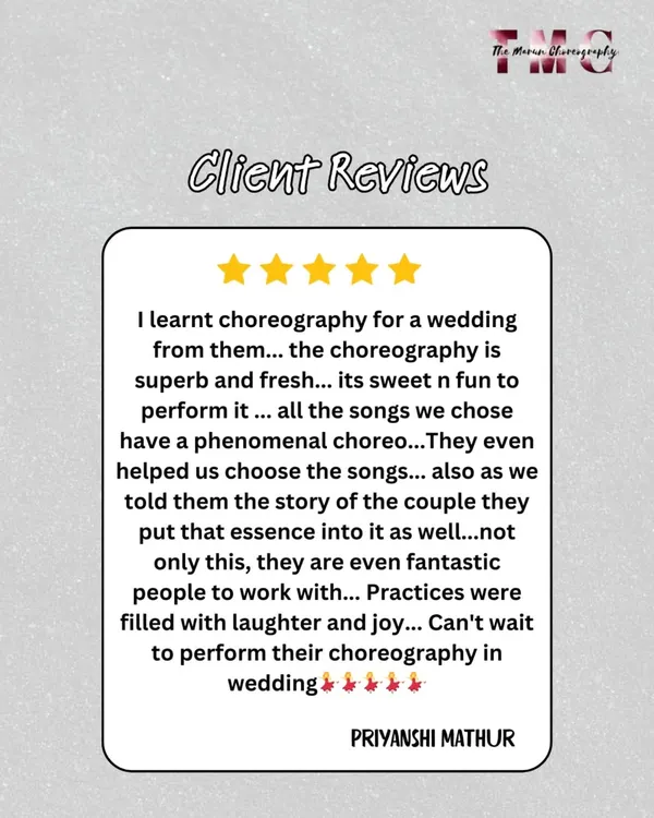 "The choreography is superb and fresh... its sweet n fun to perform." We love hearing that our clients enjoyed the process as much as the final performance.