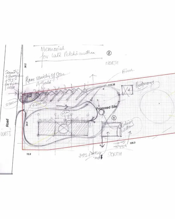 A preliminary site plan sketch for the memorial. This initial drawing maps out the visitor's path, the placement of the main structure, and the integration of rare trees and landscaping, forming the basis for our site-sensitive design.