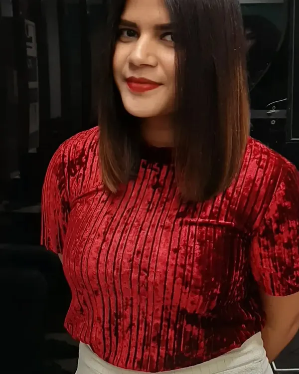This client is rocking her new shoulder-length haircut, or lob. We gave it a subtle color melt for dimension and a sleek, straight finish for a polished and modern look.