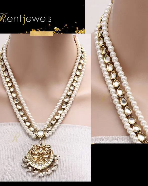 If you love pearls, this layered Kundan and pearl long necklace is the perfect piece for you. It features a beautiful crescent-shaped pendant and adds a touch of vintage elegance.