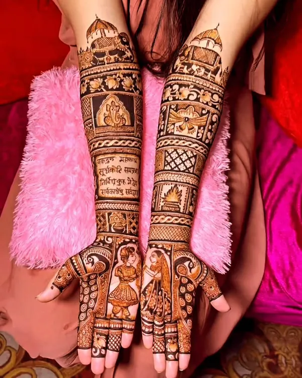 A complete bridal story with portraits, sacred mantras, and auspicious symbols like Lord Ganesha. This design is a blessing for your new beginning.