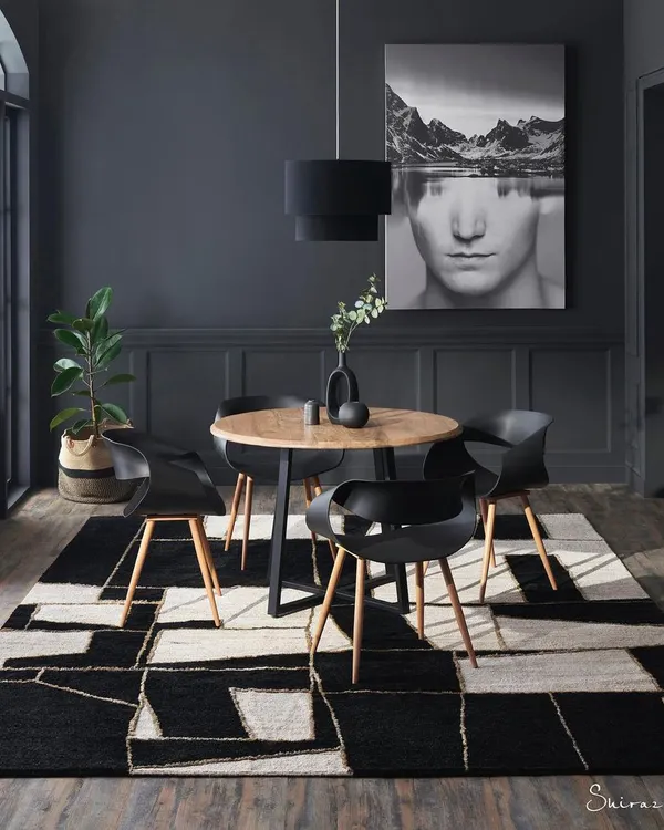 A moody and sophisticated shot for a floor fashions brand. The entire room was styled to complement the bold, geometric design of the rug, making it the undeniable centerpiece of the space.