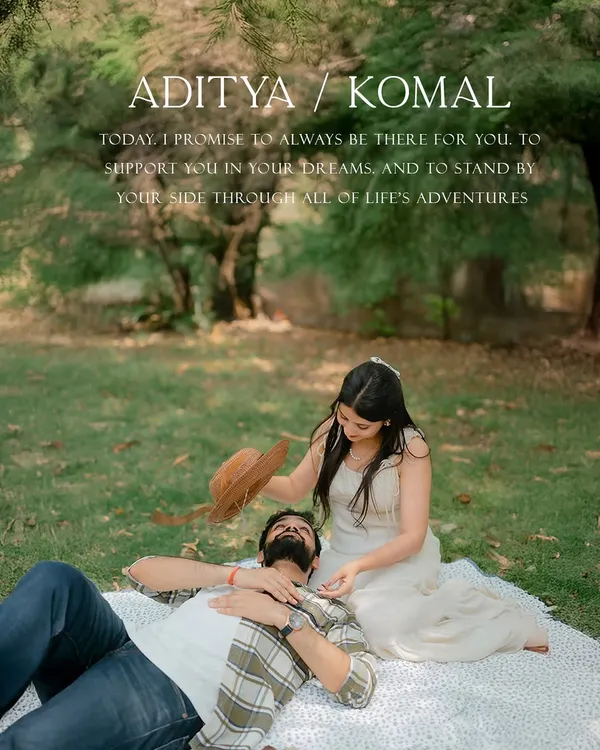 A romantic picnic scene, with the groom resting in the bride's lap. The poetic overlay adds a touch of heartfelt emotion to this beautifully styled concept shoot.
