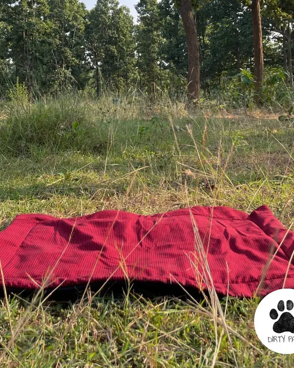 My handmade dog mat, pictured here in a natural outdoor setting. It's soft, lightweight, and washable, making it a perfect comfy spot for your dog anywhere.