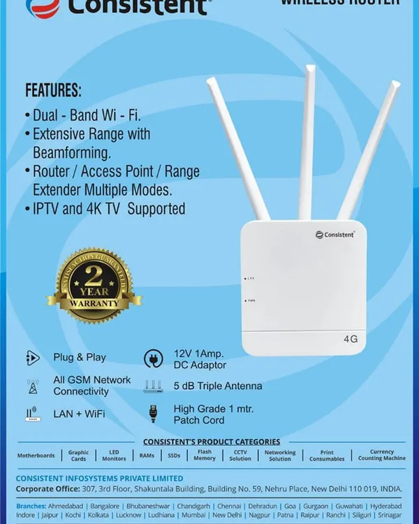 The Consistent wireless router is a great choice for any home or small office. It supports dual-band Wi-Fi, has extensive range, and comes with a 2-year warranty for reliable performance.