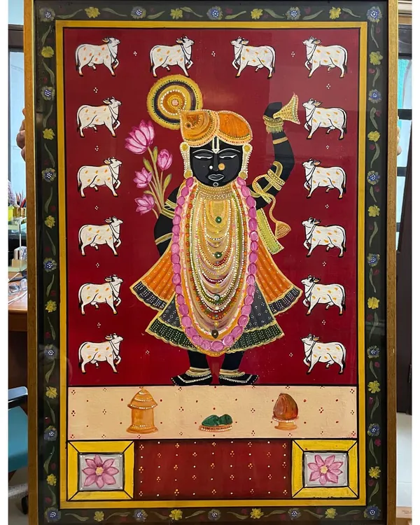 The final, framed Pichwai-inspired painting of Shrinath Ji. It means the world to me when someone makes space for my art on their walls, in their home. This piece was a journey of love and devotion.