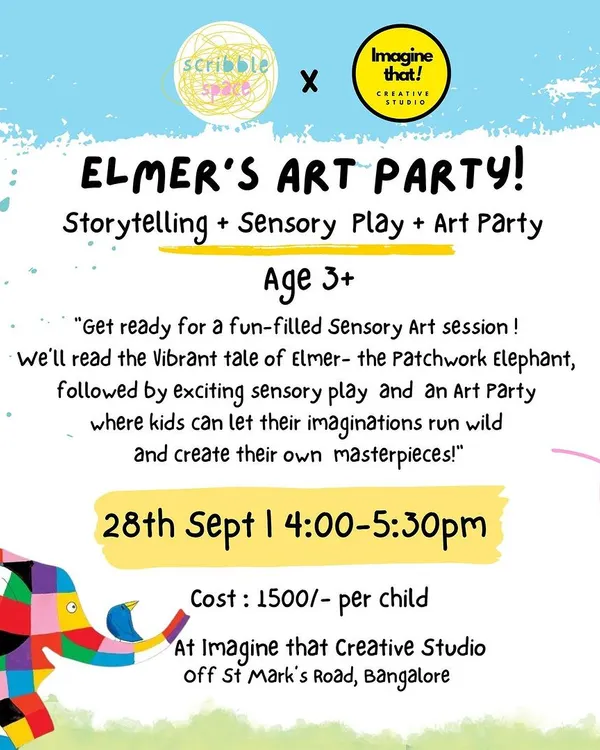 Announcing our "Elmer's Art Party," a workshop where storytelling meets sensory play. Inspired by the patchwork elephant, we celebrate uniqueness and color through a series of fun, hands-on art activities.