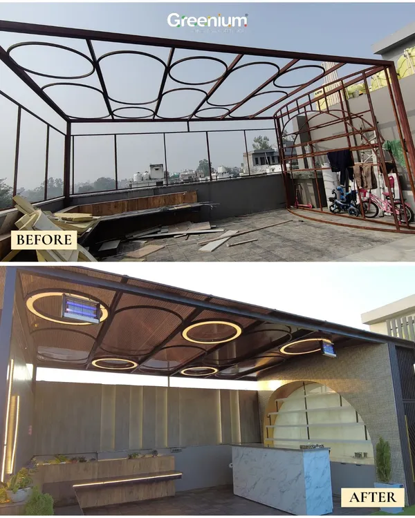 A dramatic before and after of a terrace pergola project. I transformed the basic metal frame into a chic, modern rooftop bar and lounge area with integrated circular lighting and a marble-finish counter.