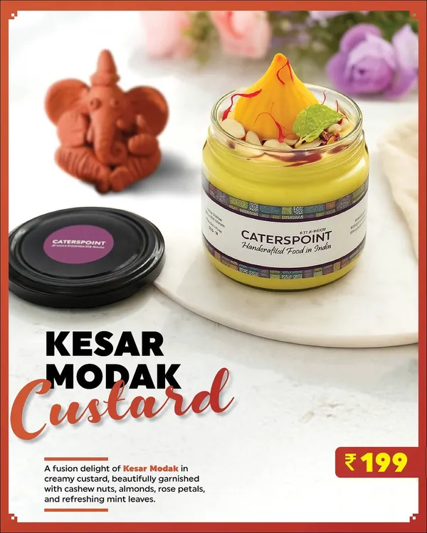 My personal favourite, the Kesar Modak Custard. This fusion dessert combines the saffron flavour of modak with a creamy custard base, garnished with nuts and rose petals for a refreshing finish.