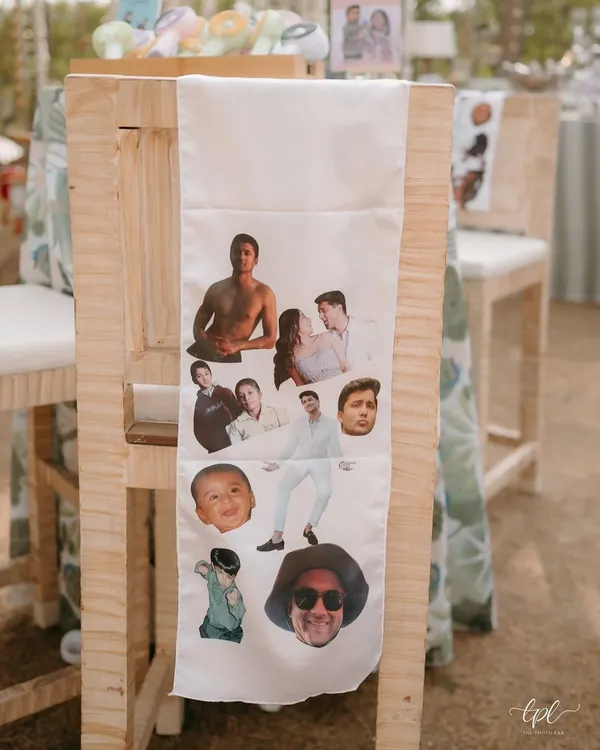 We created custom stoles for the groomsmen, printed with a collage of the groom's photos, from baby pictures to gym selfies. It was a quirky, personal keepsake.