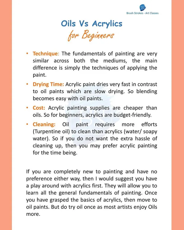 Are you a beginner confused between oil and acrylic paints? This simple guide breaks down the key differences in technique, drying time, cost, and cleaning to help you choose the right medium for your first painting.