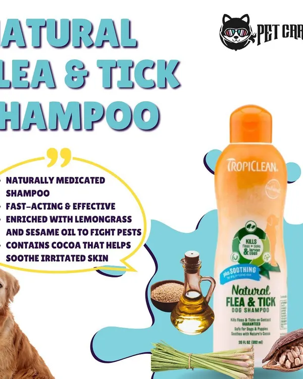 Protect your pet from pests naturally with TropiClean's Natural Flea & Tick Shampoo. It's enriched with lemongrass and sesame oil to fight pests while cocoa helps soothe irritated skin.