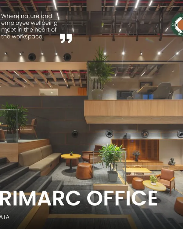 The Primarc Office in Kolkata redefines the traditional workspace with a design that encourages openness and collaboration. This view showcases the multi-level atrium, with floating meeting pods and terraced seating that create a dynamic and connected environment.
