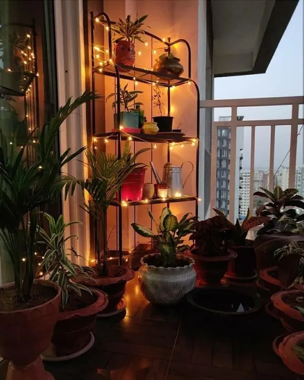 We used a simple metal corner shelf to create a multi-level plant display on this balcony. Wrapping the structure with warm fairy lights adds a cozy and magical glow to the green corner in the evening.