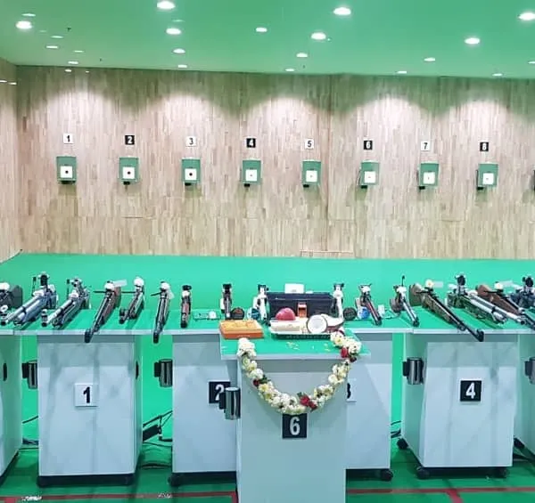 Our range is prepared for Ayudha Pooja, a day we honor the tools of our sport. This is our main 10 meter range, equipped for both air rifle and air pistol training.