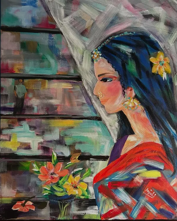 This is my contemporary take on the classic "Bani Thani" painting. I love bringing historical figures to life with vibrant colors and expressive brushstrokes, making it a perfect statement piece for a modern home.