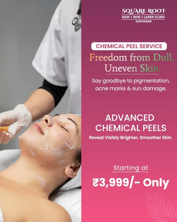 This shows a client undergoing a chemical peel application. This treatment is your first step towards freedom from dull, uneven skin, effectively targeting pigmentation, acne marks, and sun damage.