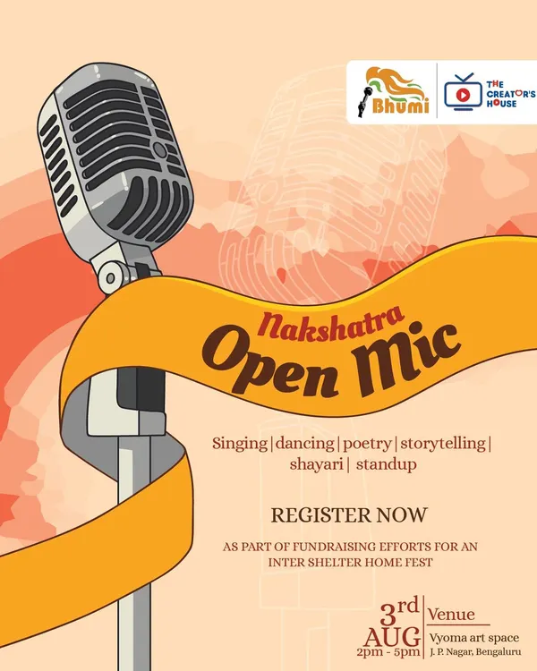 The poster for a Nakshatra Open Mic, a fundraising event to support a cultural fest for underprivileged children.