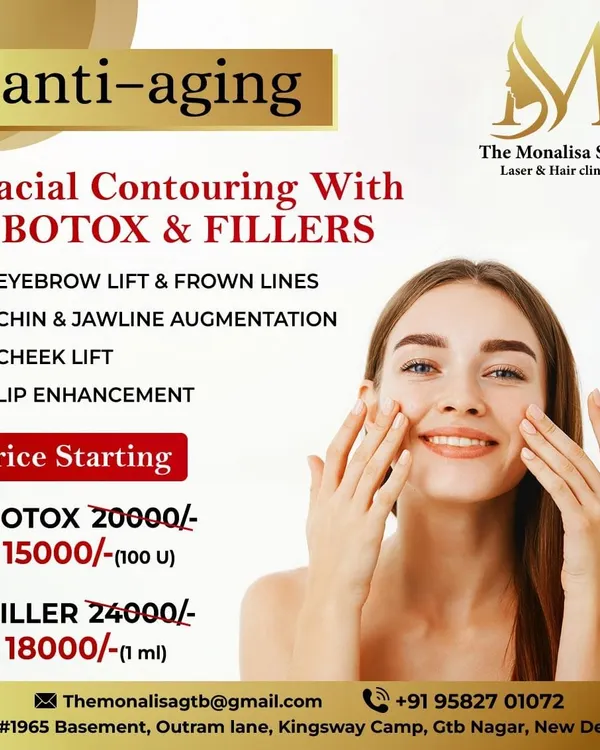 This graphic details our pricing for facial contouring with Botox and Fillers. We offer treatments for eyebrow lifts, chin and jawline augmentation, cheek lifts, and lip enhancement at competitive prices.