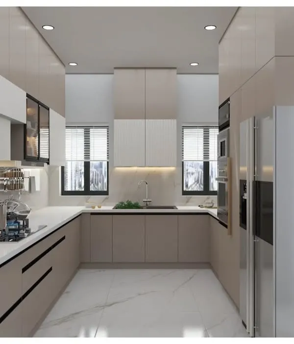 A photorealistic 3D render of a spacious U-shaped kitchen. This visualization helps clients see the final look, including the dual-tone cabinet finish, marble-style flooring, and lighting scheme.