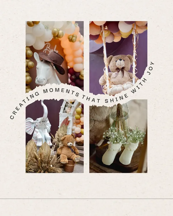 A collage of sweet details from a "Baby in Bloom" themed baby shower. It features adorable teddy bears, whimsical animal statues, and delicate floral touches, all contributing to a joyful and celebratory atmosphere.