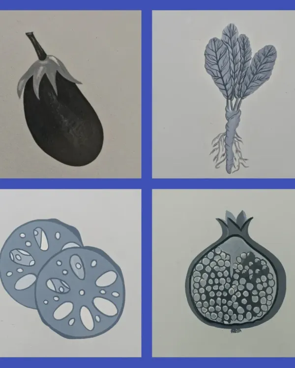A set of four monochrome studies of vegetables and fruits: an eggplant, spinach, lotus root, and pomegranate. This shows my skill in still life and botanical illustration.