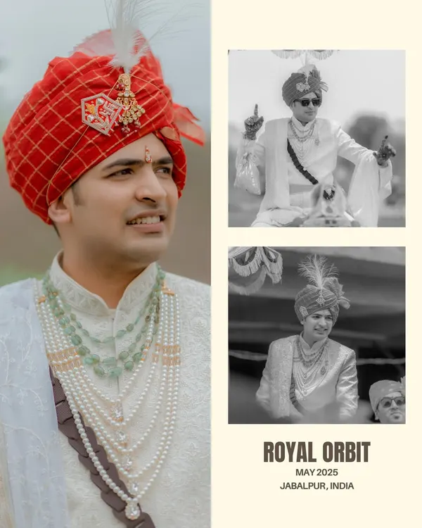 A collage of the groom, Lokesh, during his baraat. The mix of color and monochrome shots captures his royal look and the energy of the procession.