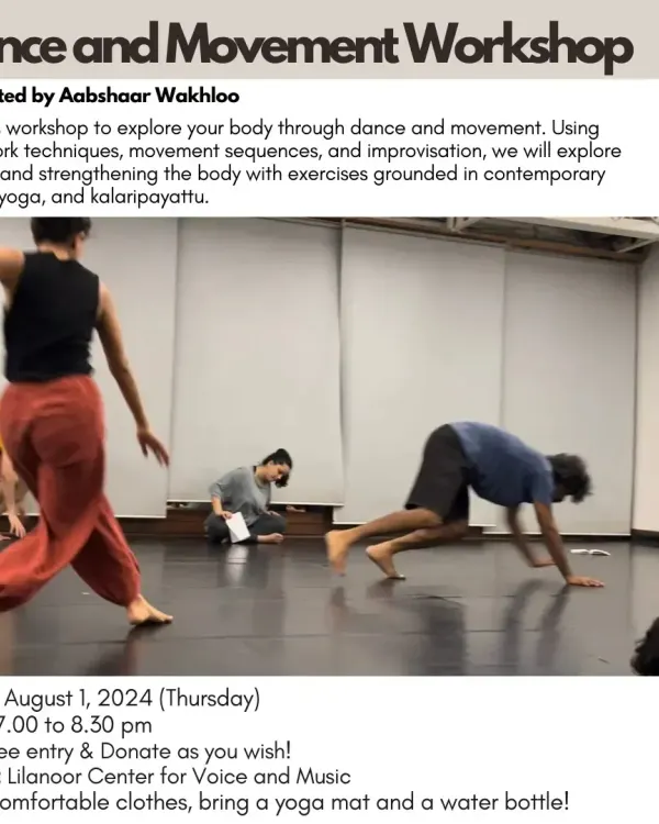 A dynamic shot from our Dance and Movement Workshop. We use exercises grounded in contemporary dance, yoga, and Kalaripayattu to help free and strengthen the body.