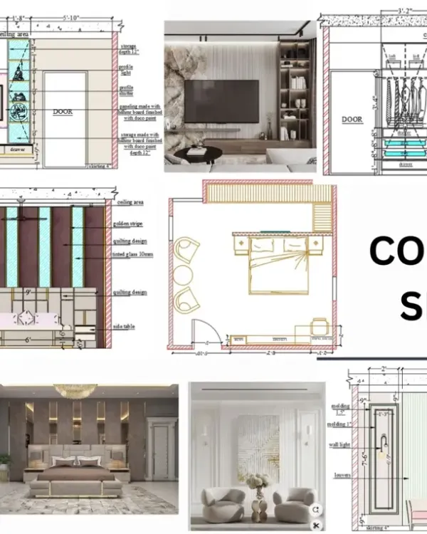 This is a concept sheet for a master bedroom, where I map out everything from the floor plan and furniture layout to the electrical points and design elevations. This detailed blueprint ensures a flawless execution.