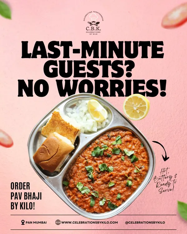 Our Pav Bhaji by the kilo is the ultimate solution for last minute guests. This image shows the classic dish served hot and ready, a guaranteed hit for any gathering.