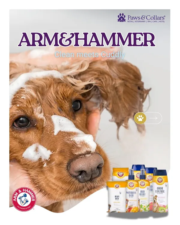 Clean meets cuddly. This promotional image for the Arm & Hammer pet care collection, available at our store, shows a happy dog enjoying a bath, surrounded by products powered by natural baking soda.