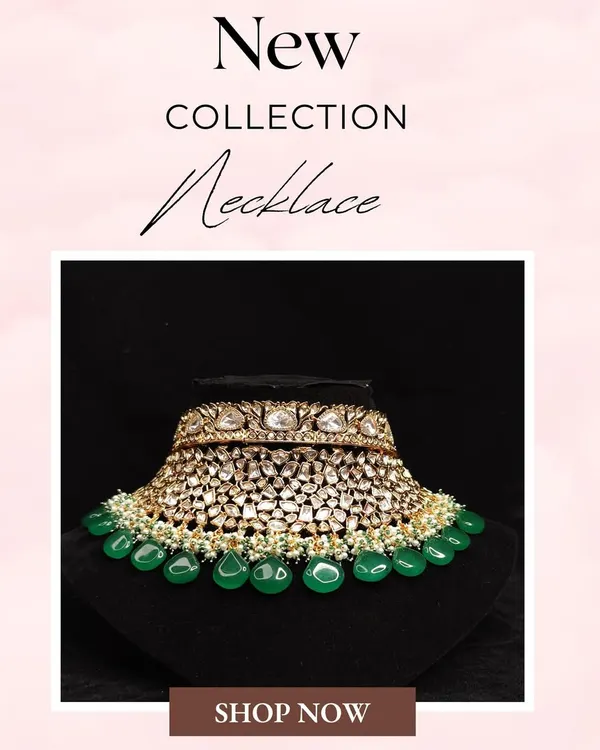 Announcing our new collection of necklaces, now available for rent. This beautiful Kundan and green bead choker is a highlight.