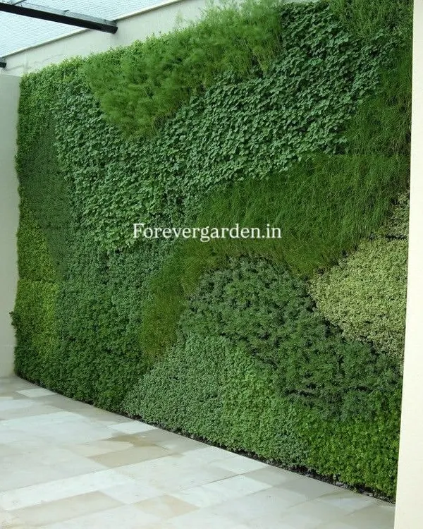 A beautiful example of a dense, all-green vertical garden installed in a covered patio area. The varied textures of the leaves create a natural, layered look that feels incredibly realistic.